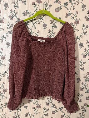 Madewell Burgundy Smocked Long-Sleeve Top